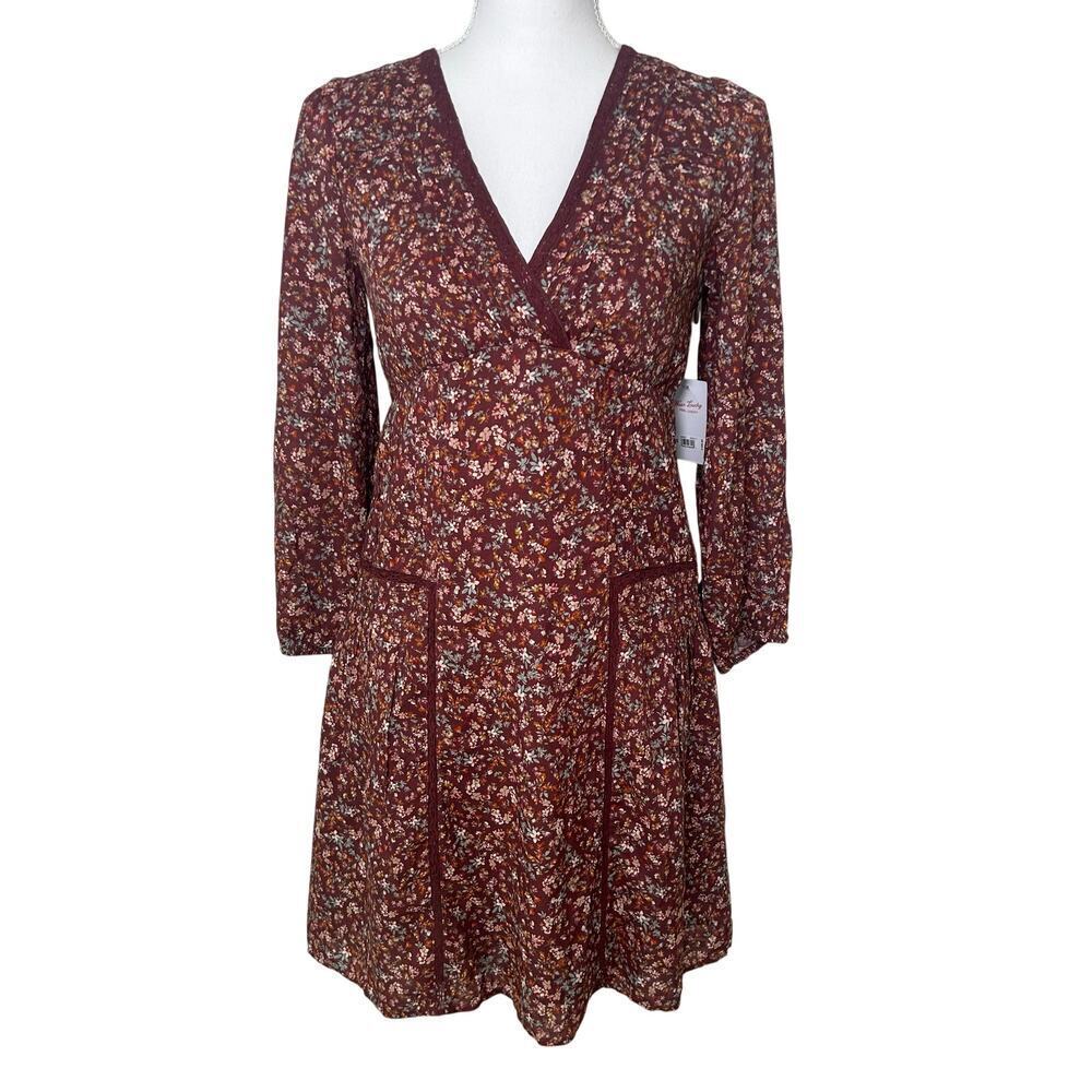 Lucky NWT brown floral v-neck  3/4 sleeve lined prairie boho lace mini dress XS